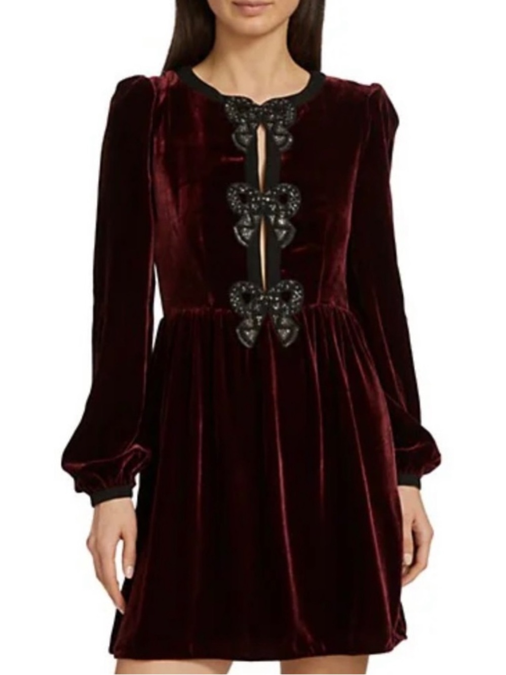 Saloni Burgundy Velvet Camille Mini Dress Black Bows Embellished Holiday Sz 0